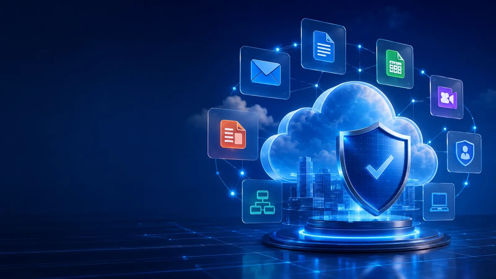 Illustration of a protective shield in front of a cloud, surrounded by email, document, spreadsheet, and meeting app icons.